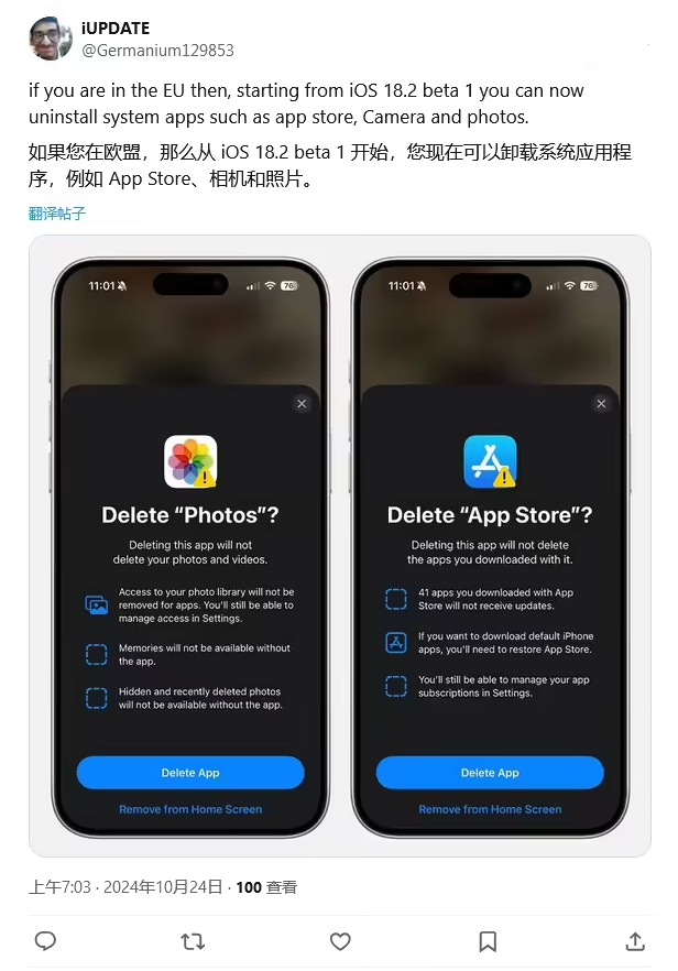 卧龙苹果手机维修分享iOS 18.2 支持删除 App Store 应用商店 