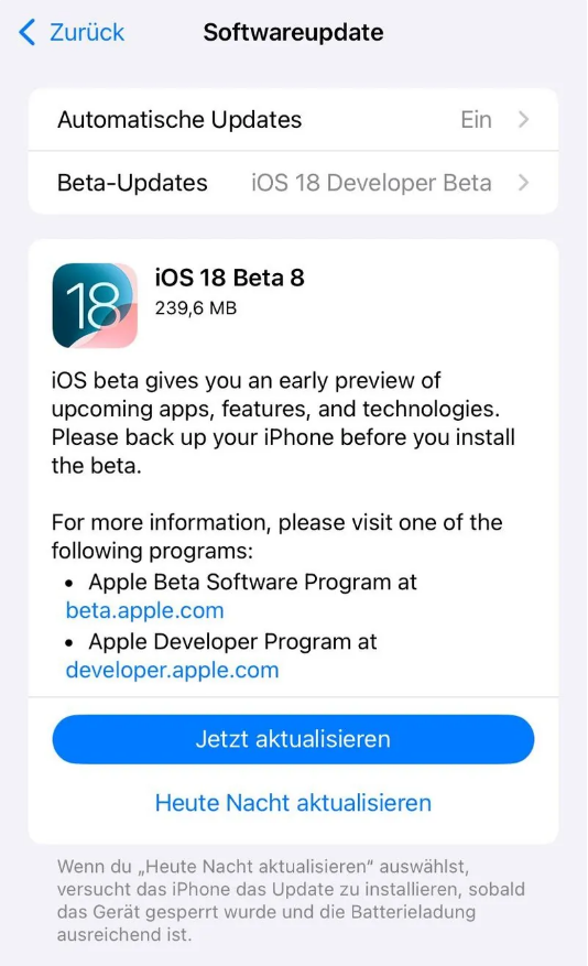 卧龙苹果手机维修分享苹果 iOS / iPadOS 18 开发者预览版 Beta 8 发布 